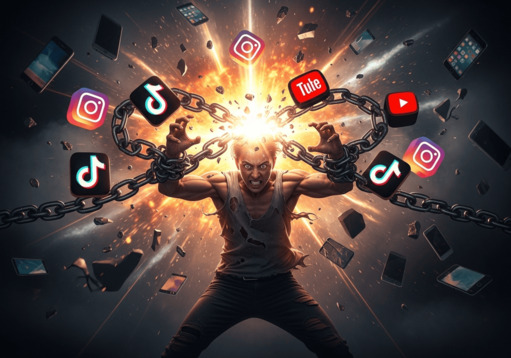 Homem em angústia rompendo correntes formadas por logos de redes sociais como TikTok, Instagram e YouTube, em meio a celulares voando, simbolizando a luta e libertação do vício digital.